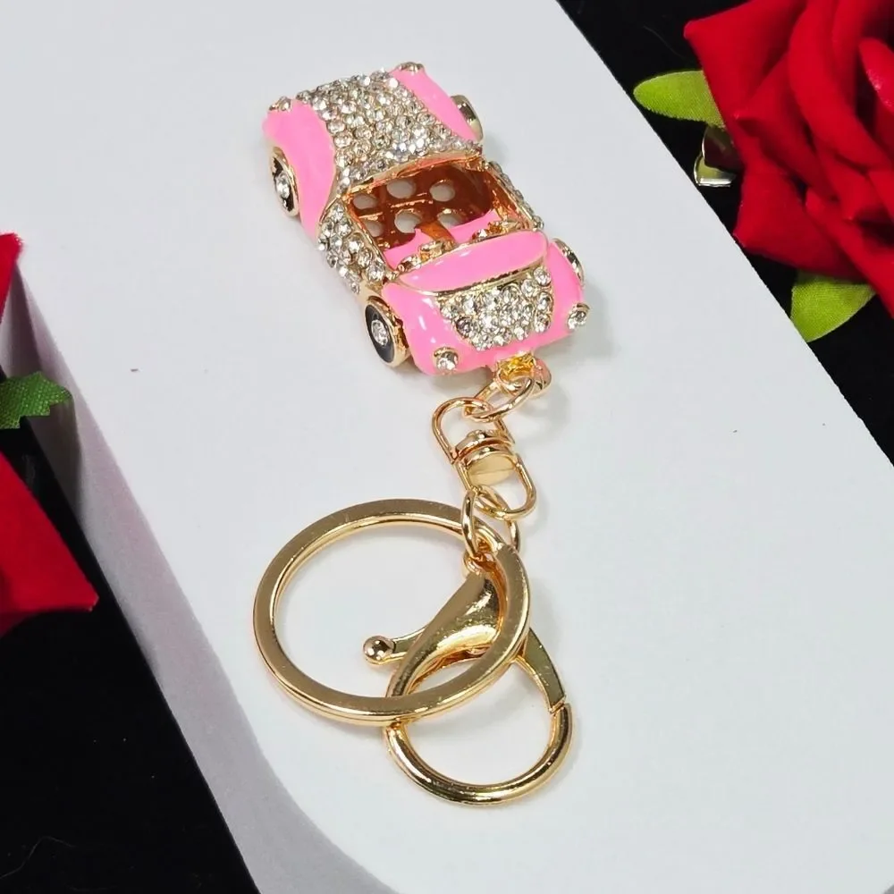 Pink Rhinestone Convertible Car Keychain Gold Bling Purse Bag Charm Car Girl
